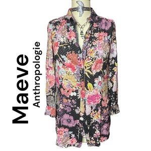 MAEVE Anthropologie Long Floral Button Down Blouse Specks of Silver Sz XS
